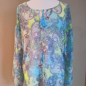 Lane Bryant 14/16 lime green,blue,white paisley blouse.